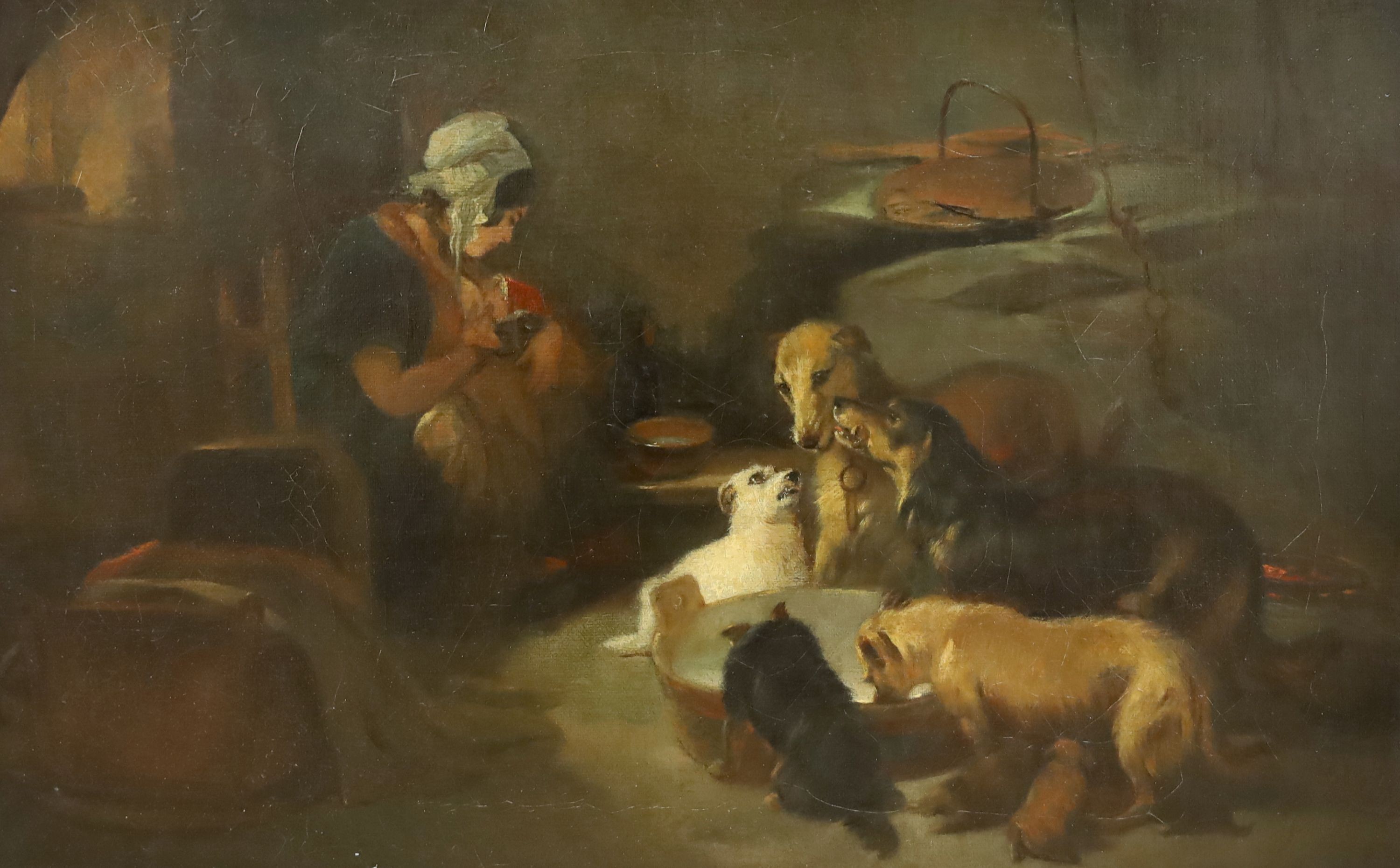 James Rolfe, oil on canvas, 'A Highland Breakfast', interior with woman and dogs, signed, 34 x 52cm